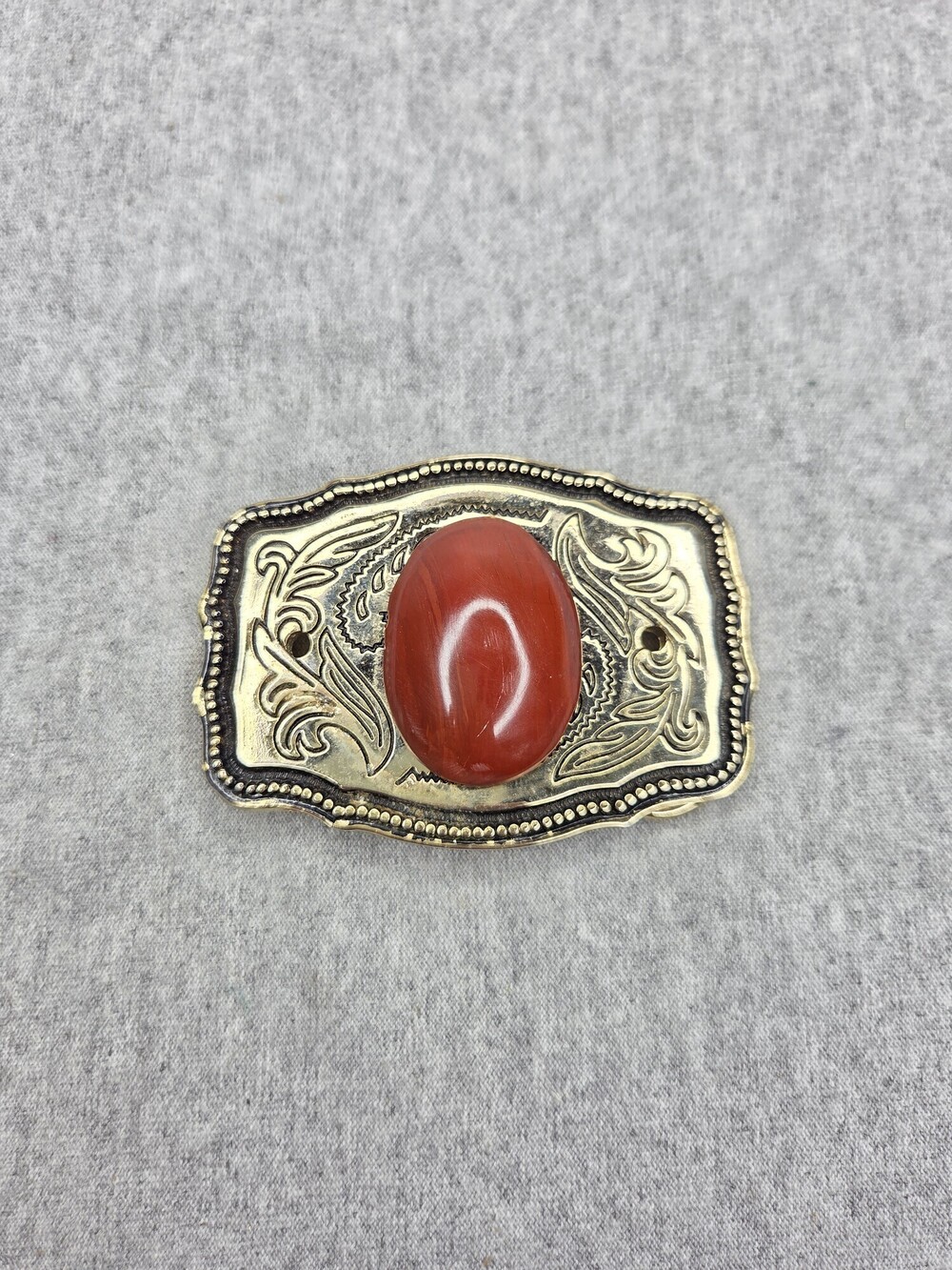 Vintage Red Jasper Cabochon Floral Filigree Womens Belt Buckle Gold Tone